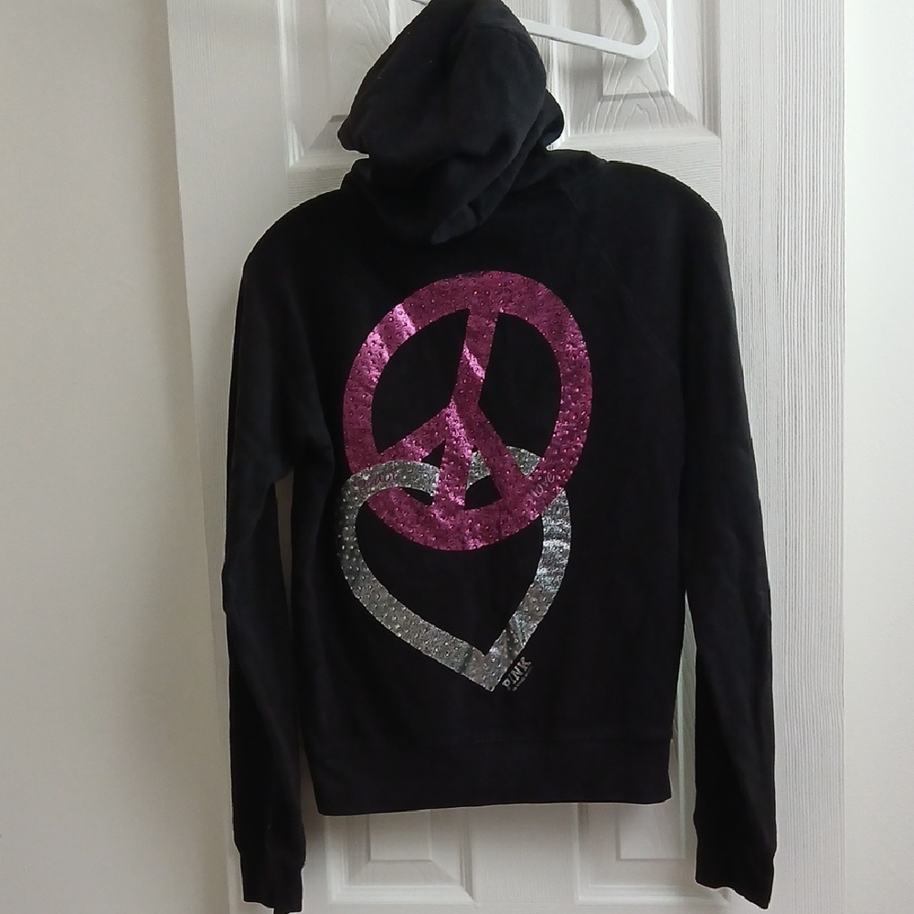 Vintage Y2K Victoria's Secret PINK Black Hoodie Pink & Silver Bling Peace Heart